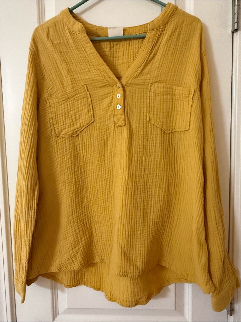 Mote Mustard Gauze Henley Blouse with Chest Pockets Plus Size XXL
